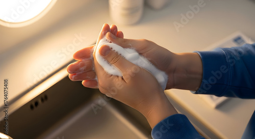 Wallpaper Mural Close Up of Hands Washing with Soap and Water in a Modern Bathroom Sink Emphasizing Hygiene and Health Practices Torontodigital.ca