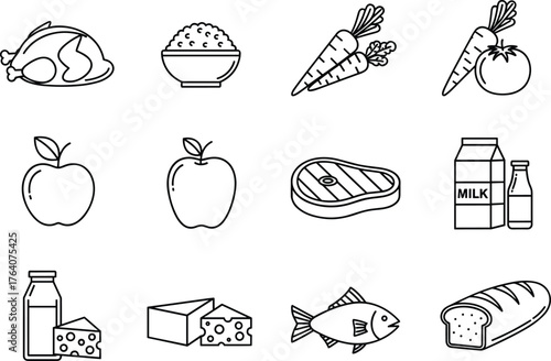 Bold Line Art Food and Grocery Icon Set for Nutrition and Diet