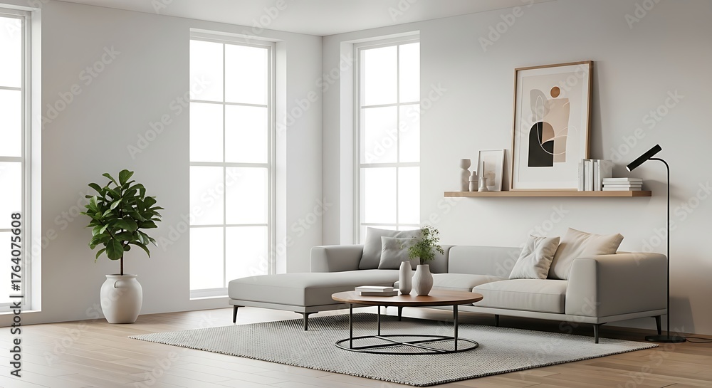 Fototapeta premium Modern living room design featuring a gray sofa, plant, and artwork, enhancing natural light through large windows