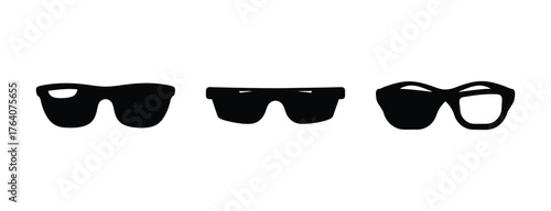 Three black glasses styles displayed side by side from different angles for modern visionary design