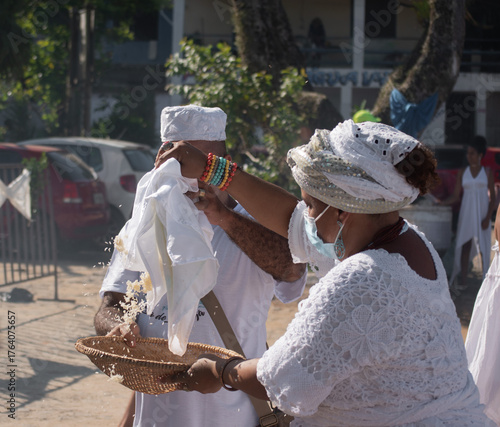 Traditional cultural fishing boats gathered at sea during the Yemanjá celebration on February 2nd in Brazil. A powerful scene that blends faith, culture, and maritime tradition, with decorated boats h