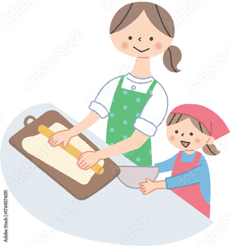 女の子と料理をするお母さん