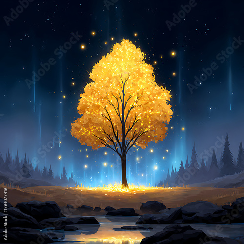 Golden Tree Illuminated by Stars and Magical Lights in a Serene Night Landscape