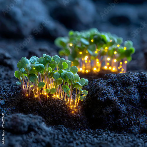 Sprouting Plants Glow Softly in a Dark Soil Environment During a Nighttime Scene
