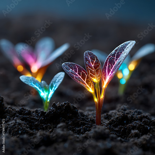 Brightly Glowing Seedlings Emerge From Dark Soil at Twilight, Showcasing Their Vibrant Colors and Unique Features