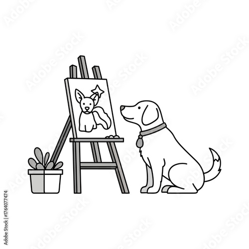 Dog admiring a painting of another dog on an easel.