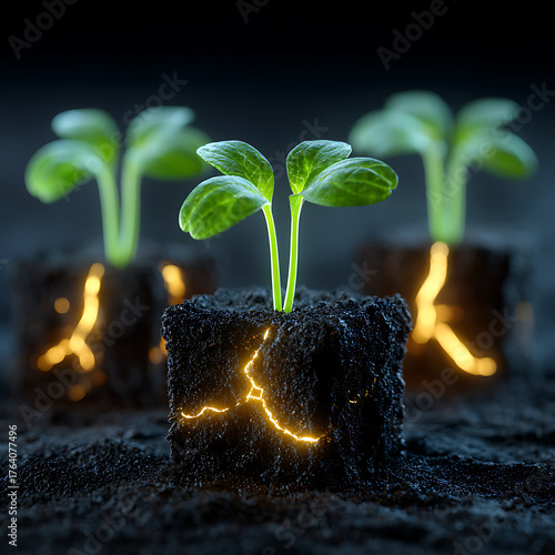 Emerging Plants With Glowing Roots Signify Growth and Renewal in a Dark Setting