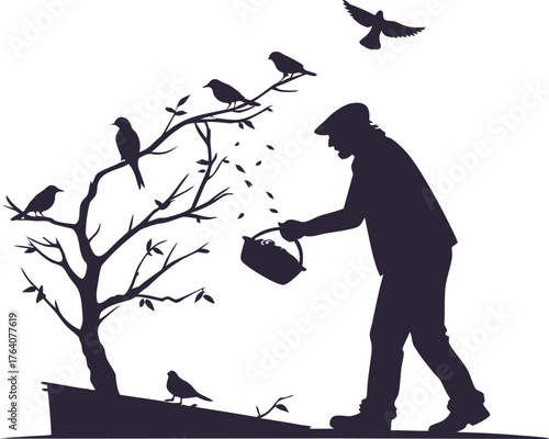 Gardener Man Feeding Birds Tree Silhouette Nature Wildlife Design