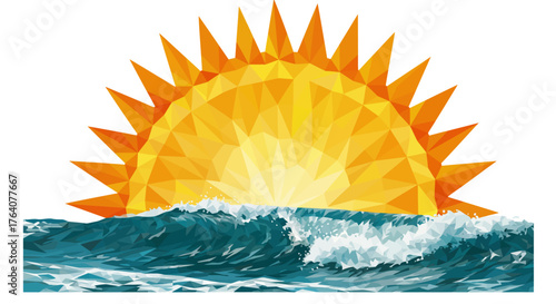 Geometric Sun Rising Over Ocean Waves Illustration.