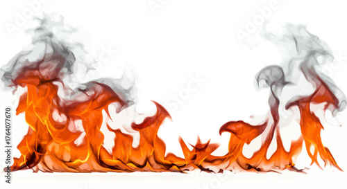 Intense Flames and Smoke Against White Background.