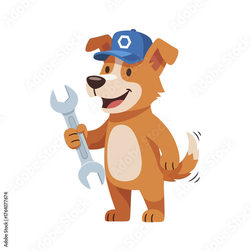 Cartoon dog mechanic character holding a large wrench.