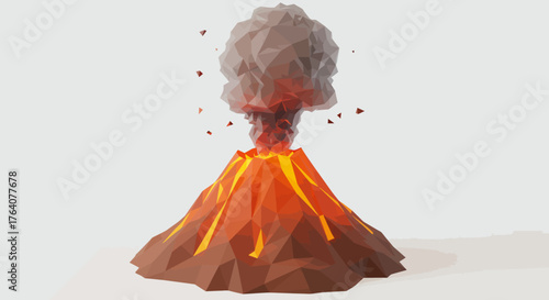 Low Poly Volcano Eruption with Smoke and Lava.
