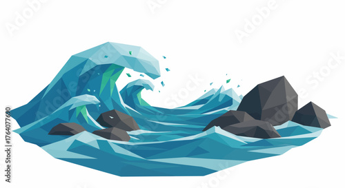 Low Poly Ocean Wave Crashing on Rocks Illustration.