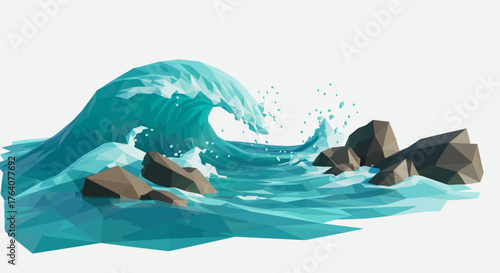 Low Poly Wave Crashing on Rocks Illustration.