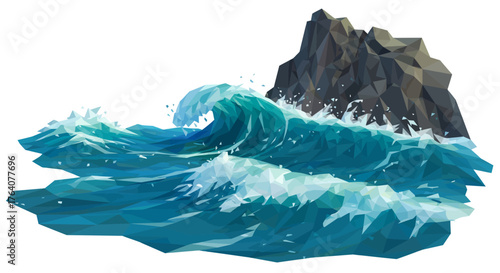 Ocean Waves Crashing Against Rocky Shoreline Illustration.