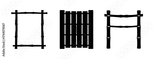 Three bamboo gate designs showing rectangular panel archway and traditional slatted fence structure