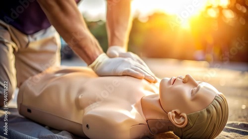CPR Training Session - Learning Lifesaving Techniques with a Mannequin Outdoors.