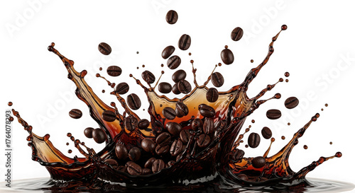 Coffee bean splash isolated on transparent background, a caffeinated beverage