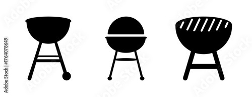 Three different black barbecue grills silhouettes set for outdoor cooking and grilling events