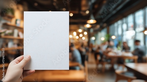 Hand holds blank menu mock-up inside cafe. Blank paper sheet for menu design. Restaurant interior with tables, blurred people. Mock-up for eatery promo material. Template for pamphlet leaflet design