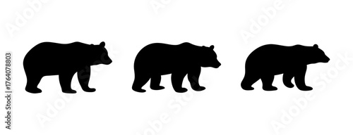 Three black bear silhouettes walking side by side in a row graphic design element
