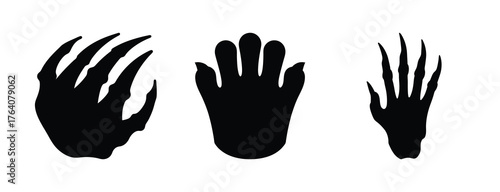 Three black silhouette beast paw prints showing claws and paw pads different sizes and shapes