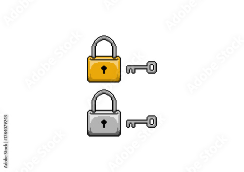 Pixel art of two padlocks with matching keys, one gold and one silver, symbolizing protection, security, and data access in a simple digital design.