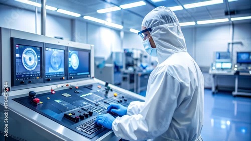 Scientist in Cleanroom Operating Advanced Manufacturing Equipment for Microchip Production.