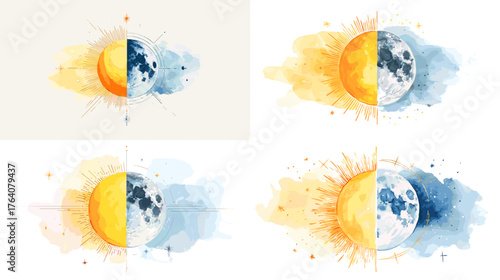 Watercolor sun and moon illustration showing day and night contrast in artistic celestial design. Perfect for astrology, boho decor, and cosmic wall art prints.