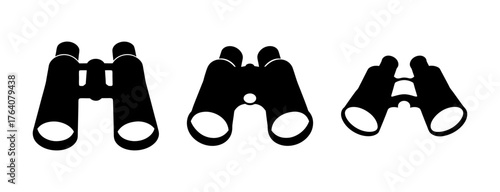 Three black binoculars shown in different angles offering versatile visual elements for observation and exploration themes