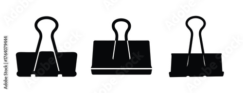 Three black binder clips arranged side-by-side featuring essential office supplies for document organization and staple-free binding solutions