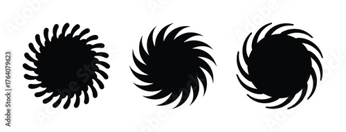 Three abstract black swirling vortex symbols representing powerful gravitational pull and cosmic phenomena