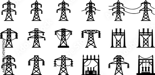 Line art icon set of various electricity transmission towers and power lines.