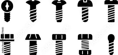 Black silhouette vector set of different screw and bolt icons for construction or repair