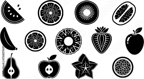 Monochrome fruit icons set featuring watermelon, orange, kiwi, lemon, banana, pineapple, strawberry, apple, pear, carambola, and passion fruit.