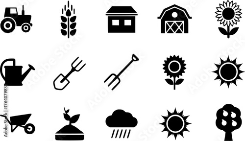 Agriculture and farming black glyph icons set representing agriculture equipment, plants, and farm building