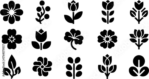 Collection of flower and plant icons in solid black style featuring various floral arrangements and botanical elements