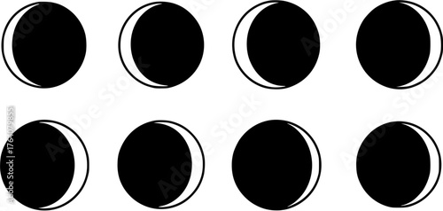Set of moon phases in simple black and white style icon for astronomy or astrology