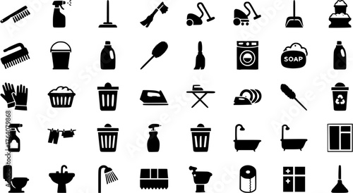 Black and white vector set of cleaning and household icons in silhouette style.