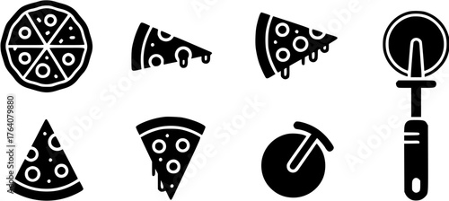Pizza icons set in flat style showing whole pizza, slices and pizza cutter tool