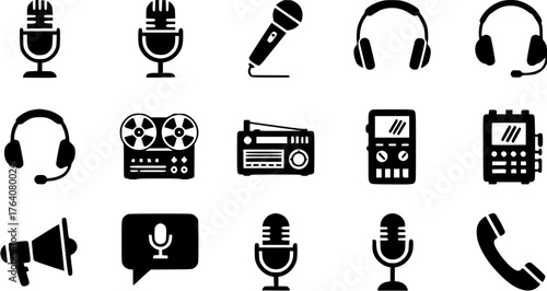 Collection of black silhouette communication and recording device icons