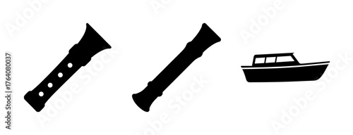 Two recorders and a speedboat silhouettes symbolizing music and nautical adventure