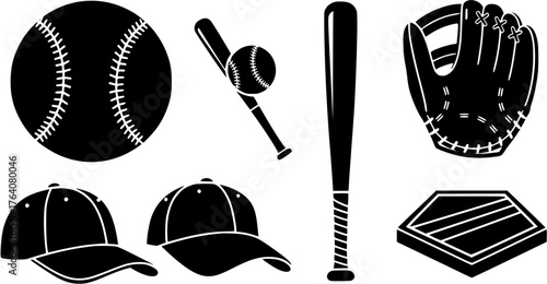 Black and white silhouette icon set of baseball equipment including bat, ball, glove, cap, and home base
