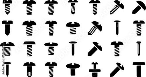 Collection of black silhouette icons representing various screws and nails.