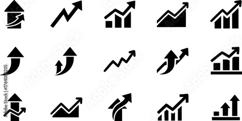 Set of black simple arrow icons illustrating business growth and financial success