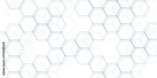 Abstract white background with blue hexagons seamless pattern and geometric in vector design. Futuristic blue neon honeycombs. Modern technology design .Minimal style website banner, decoration .