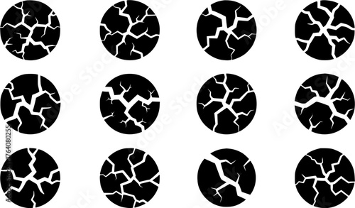 Collection of black and white cracked earth icons in a flat design style