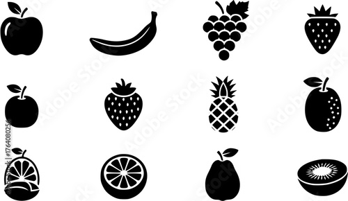 Black silhouette set of fruits icons including apple, banana, grapes, strawberry, plum, pineapple, lemon, orange, pear and kiwi