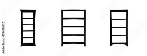 Collection of simple line art style bookshelf icons featuring multiple shelves for storage and organization