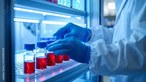 Scientist in lab coat and gloves handling vials with red liquid in a laboratory setting.